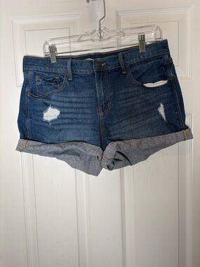 Old Navy Dark Blue Distressed Rolled Hem Boyfriend Mid-Rise Jean Shorts Size 12